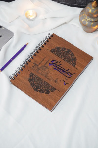 Istanbul Desen Ahşap Kapaklı Çizgisiz Defter- Hediyelik Defter