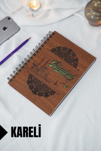 İstanbul Temalı Ahşap Kapaklı Defter - Kareli Defter - Ajanda - Okul Defteri (A5 - 120 Sayfa)