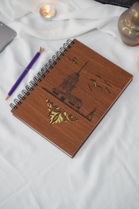 A5 Spiralli Kız Kulesi Motifli Ahşap Defter - Çizgisiz Defter-a5 Notebook-anı Defteri