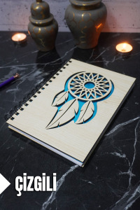 Rüya Kapanı Temalı Ahşap Kapaklı Defter - Çizgili Defter - Ajanda - Okul Defteri (A5 - 120 Sayfa)