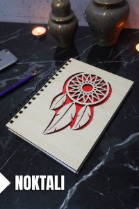 Rüya Kapanı Temalı Ahşap Kapaklı Defter - Noktalı Defter - Ajanda - Okul Defteri (A5 - 120 Sayfa)