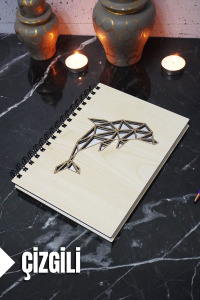 Yunus Balığı Temalı Ahşap Kapaklı Defter - Çizgili Defter - Ajanda - Okul Defteri (A5 - 120 Sayfa)