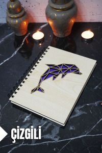 Yunus Balığı Temalı Ahşap Kapaklı Defter - Çizgili Defter - Ajanda - Okul Defteri (A5 - 120 Sayfa)