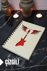 Gitar Kanat Temalı Ahşap Kapaklı Defter - Çizgili Defter - Ajanda - Okul Defteri (A5 - 120 Sayfa)