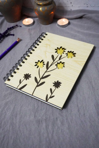 Çiçek Desenli Ahşap Kapaklı Defter - Çizgisiz Defter - Günlük - Ajanda-hediyelik-a5 Anı Defteri