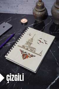 Kız Kulesi Temalı Ahşap Kapaklı Defter - Çizgili Defter - Ajanda - Okul Defteri (A5 - 120 Sayfa)