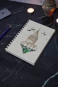 Galata Kulesi Konsept Ahşap Defter - Ajanda - Günlük - Çizgisiz Defter-a5 Notebook-hatıra Defteri