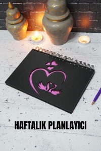 A5 Kuğu Aşk Tasarım Siyah Ahşap Plan Defteri - Tarihsiz Ajanda - Haftalık Planlayıcı