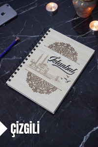 İstanbul Temalı Ahşap Kapaklı Defter - Çizgili Defter - Ajanda - Okul Defteri (A5 - 120 Sayfa)