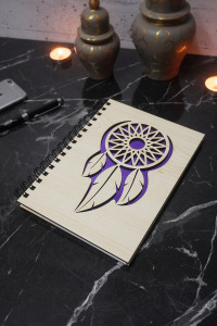 Rüya Kapanı Desenli Ahşap Kapaklı Defter - Ajanda - Günlük - Çizgisiz Defter - Not Defteri