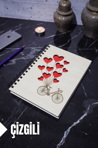 Bisiklet Balon Temalı Ahşap Kapaklı Defter - Çizgili Defter - Ajanda - Okul Defteri (A5 - 120 Sayfa)