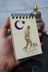 Kemal Atatürk Temalı Ahşap Kapaklı Not Defteri - Mini Defter - Cep Defteri - Benim Listem