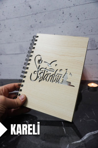İstanbul Temalı Ahşap Kapaklı Defter - Kareli Defter - Ajanda - Okul Defteri (A5 - 120 Sayfa)