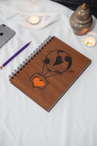 Balon Desenli Ahşap Kapaklı Defter - Ajanda - A5 Notebook Çizgisiz Defter-okul Defteri