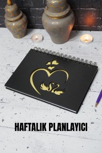 A5 Kuğu Aşk Tasarım Siyah Ahşap Plan Defteri - Tarihsiz Ajanda - Haftalık Planlayıcı
