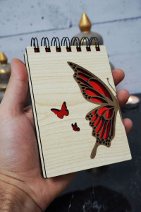 Kelebek Temalı Ahşap Kapaklı Not Defteri - Mini Defter - Cep Defteri - Benim Listem