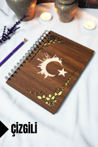 Türk Bayrağı Ahşap Kapaklı Spiralli Defter - Çizgili Defter - 60 yaprak (120 sayfa) - A5 15x21 cm