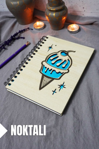 Dondurma Desenli Ahşap Kapaklı Defter - Noktalı Defter - Ajanda - Okul Defteri (A5 - 120 Sayfa)