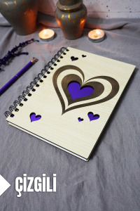 Kalp Desenli Ahşap Kapaklı Defter - Çizgili Defter - Ajanda - Okul Defteri (A5 - 120 Sayfa)