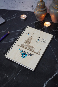 Kız Kulesi Desenli Ahşap Defter Günlük - Çizgisiz Defter (AHŞAP RENGİ BANU) A5 Spiralli Okul Defteri