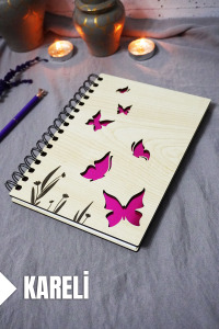 Kelebek Desenli Ahşap Kapaklı Defter - Kareli Defter - Ajanda - Okul Defteri (A5 - 120 Sayfa)