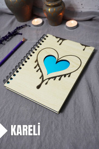 Kalp Desenli Ahşap Kapaklı Defter - Kareli Defter - Ajanda - Okul Defteri (A5 - 120 Sayfa)