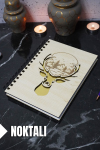 Geyik Temalı Ahşap Kapaklı Defter - Noktalı Defter - Ajanda - Okul Defteri (A5 - 120 Sayfa)