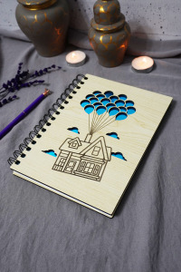 Uçan Balon Ev Ahşap Kapaklı Defter - Çizgisiz Defter - Günlük - Ajanda-hediyelik-a5 Anı Defteri