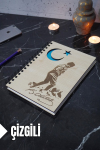 Kemal Atatürk Temalı Ahşap Kapaklı Defter - Çizgili Defter - Ajanda - Okul Defteri (A5 - 120 Sayfa)
