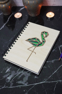 Flamingo Figürlü Ahşap Kapaklı Defter - Çizgisiz Defter - Günlük - Ajanda- A5 Anı Defteri