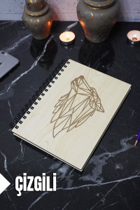 Kurt Temalı Ahşap Kapaklı Defter - Çizgili Defter - Ajanda - Okul Defteri (A5 - 120 Sayfa)