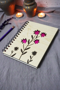 Çiçek Desenli Ahşap Kapaklı Defter - Çizgisiz Defter - Günlük - Ajanda-hediyelik-a5 Anı Defteri