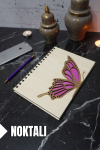 Kelebek Temalı Ahşap Kapaklı Defter - Noktalı Defter - Ajanda - Okul Defteri (A5 - 120 Sayfa)