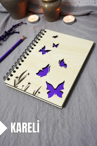 Kelebek Desenli Ahşap Kapaklı Defter - Kareli Defter - Ajanda - Okul Defteri (A5 - 120 Sayfa)