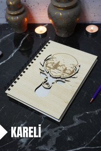 Geyik Temalı Ahşap Kapaklı Defter - Kareli Defter - Ajanda - Okul Defteri (A5 - 120 Sayfa)