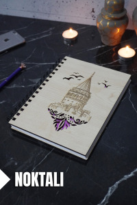 Galata Kulesi Temalı Ahşap Kapaklı Defter - Noktalı Defter - Ajanda - Okul Defteri (A5 - 120 Sayfa)