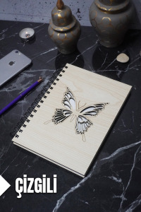 Kelebek Temalı Ahşap Kapaklı Defter - Çizgili Defter - Ajanda - Okul Defteri (A5 - 120 Sayfa)