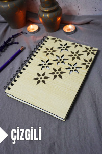 Çiçek Desenli Ahşap Kapaklı Defter - Çizgili Defter - Ajanda - Okul Defteri (A5 - 120 Sayfa)
