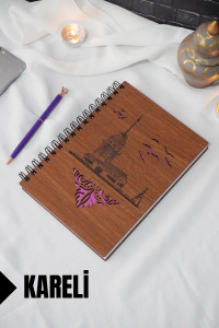 Kız Kulesi Temalı Ahşap Kapaklı Defter - Kareli Defter - Ajanda - Okul Defteri (A5 - 120 Sayfa)