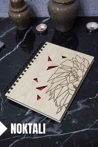 Aslan Temalı Ahşap Kapaklı Defter - Noktalı Defter - Ajanda - Okul Defteri (A5 - 120 Sayfa)