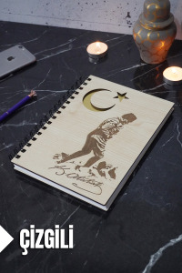 Kemal Atatürk Temalı Ahşap Kapaklı Defter - Çizgili Defter - Ajanda - Okul Defteri (A5 - 120 Sayfa)