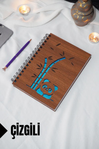 Panda Temalı Ahşap Kapaklı Defter - Çizgili Defter - Ajanda - Okul Defteri (A5 - 120 Sayfa)