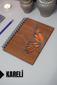 Kelebek Temalı Ahşap Kapaklı Defter - Kareli Defter - Ajanda - Okul Defteri (A5 - 120 Sayfa)