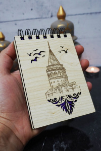 Galata Kulesi Temalı Ahşap Kapaklı Not Defteri - Mini Defter - Cep Defteri - Benim Listem