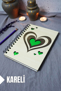 Kalp Desenli Ahşap Kapaklı Defter - Kareli Defter - Ajanda - Okul Defteri (A5 - 120 Sayfa)