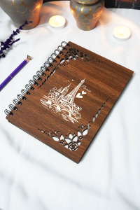 Paris Ahşap Kapaklı Defter - Çizgisiz Defter - 60 Yaprak (120 SAYFA) - A5 15x21 Cm - Eyfel Kulesi