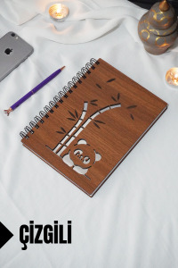 Panda Temalı Ahşap Kapaklı Defter - Çizgili Defter - Ajanda - Okul Defteri (A5 - 120 Sayfa)