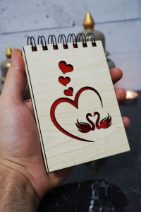 Kuğu Aşk Temalı Ahşap Kapaklı Not Defteri - Mini Defter - Cep Defteri - Benim Listem