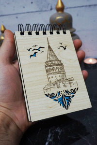 Galata Kulesi Temalı Ahşap Kapaklı Not Defteri - Mini Defter - Cep Defteri - Benim Listem