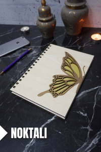 Kelebek Temalı Ahşap Kapaklı Defter - Noktalı Defter - Ajanda - Okul Defteri (A5 - 120 Sayfa)